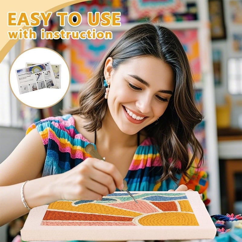 DOODLREAM Bohemian Sun and Ocean DIY Punch Needle Embroidery Kit for Adult Beginner, 9.4" Sun Wave Punch Stitching Craft Set for Starter with Frame, Fabric Pattern, Threader, Yarn, Pinch Needle - Image 3